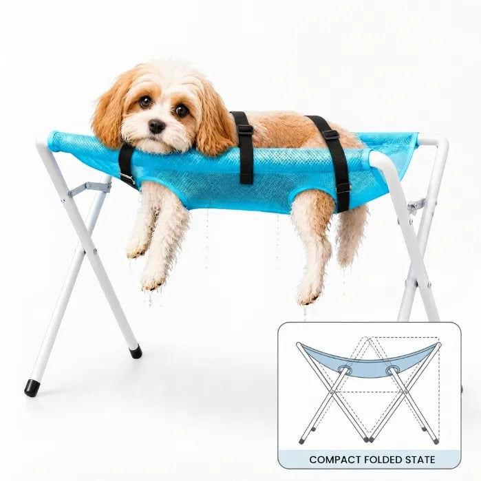 Foldable Pet Grooming & Bathing Stand – Portable Anti-Sway Bath Hammock Station with Harness for Cats & Small Dogs