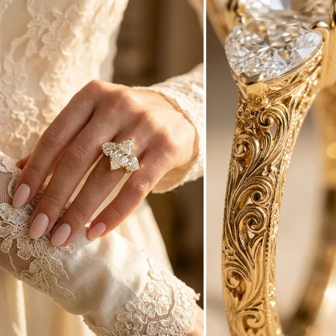 Grand Marquise & Double Heart Statement Ring — Handcrafted Vintage Floral Engraving & V-Claw Protection
