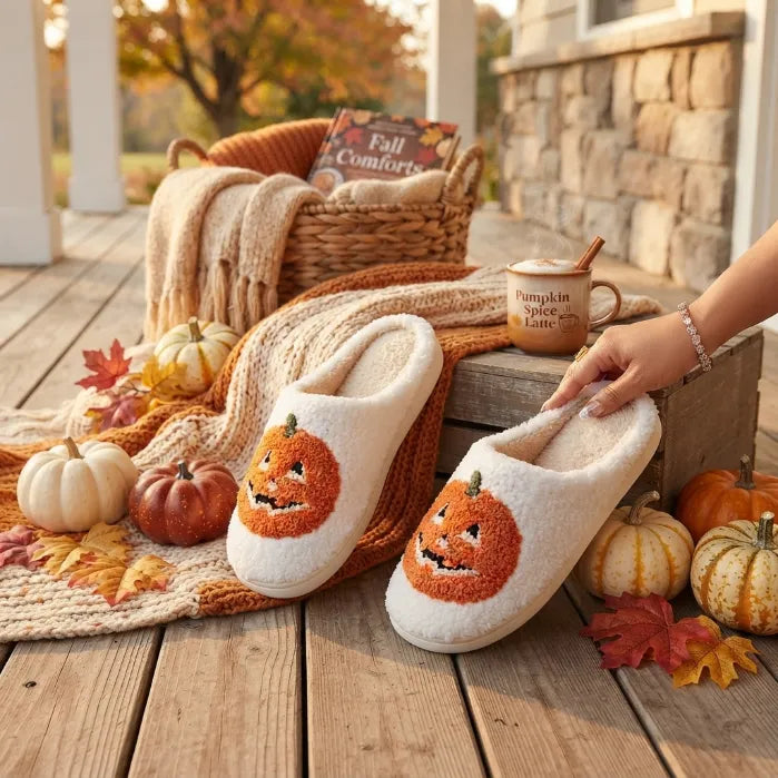 Spooky Cozy Plush Pumpkin House Slippers - Soft Fleece Non-Slip Halloween Footwear