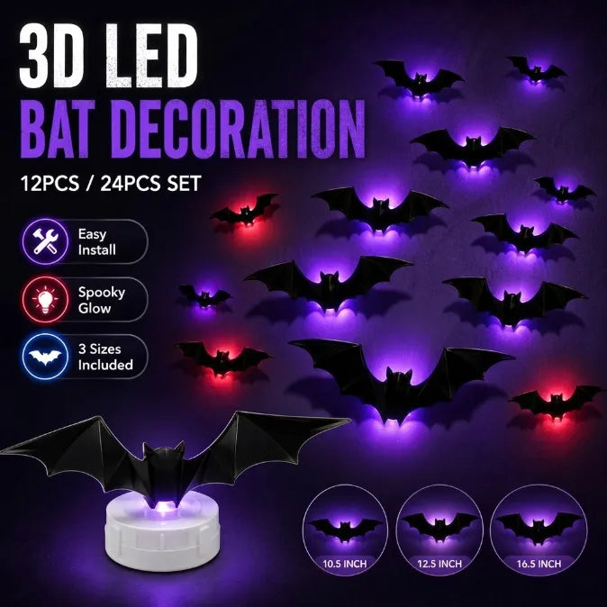 Light-Up 3D Halloween Bat Wall Decals with Twinkling LED Lights – 100% Wall-Safe & Reusable