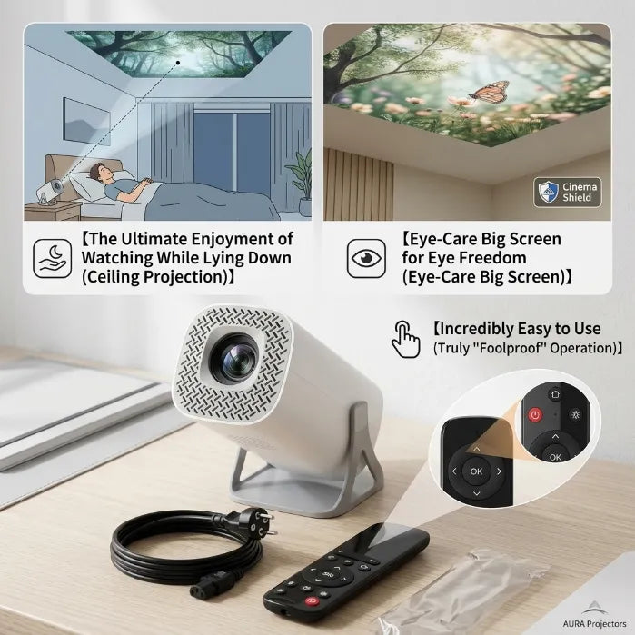Smart 180° Rotatable HD Projector for Ceiling – WiFi 6 & Bluetooth, Auto Keystone, 4K Support for Home & Bedtime Reading