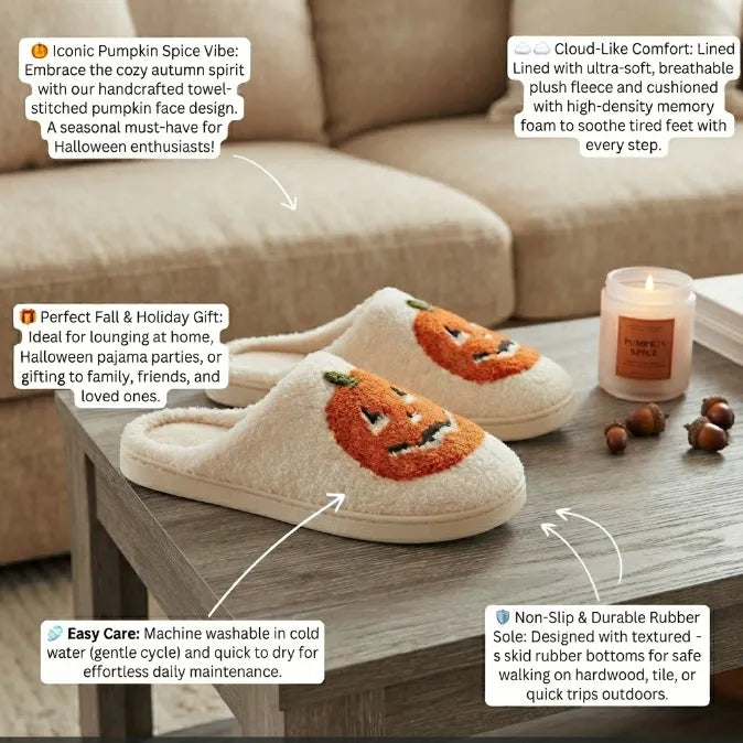 Spooky Cozy Plush Pumpkin House Slippers - Soft Fleece Non-Slip Halloween Footwear
