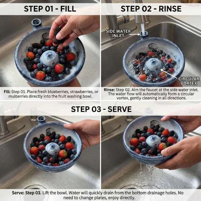 Vortex Self-Rinsing Ceramic Berry Bowl | 2-in-1 Fruit Washer & Serving Strainer