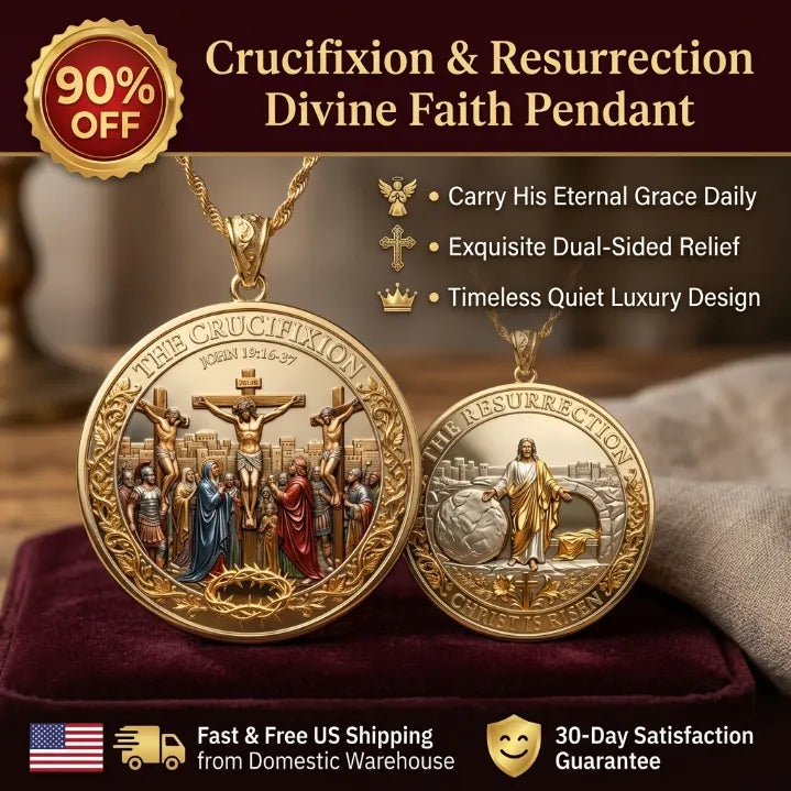 Crucifixion & Resurrection Dual-Sided Faith Pendant – Antique Gold Religious Memorial Necklace with Gift Box