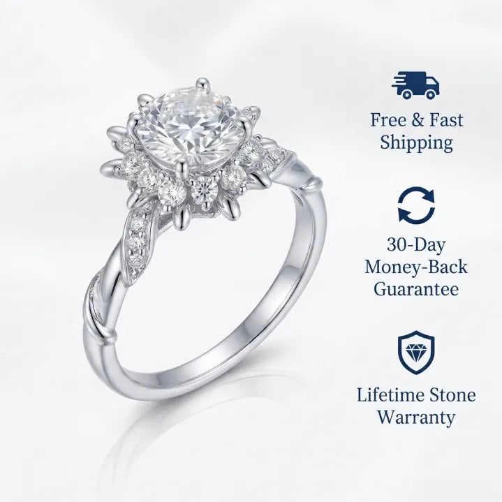 Handcrafted Vine Halo Moissanite Ring – 2.65 Refractive Index Sparkle, Hypoallergenic Comfort Fit