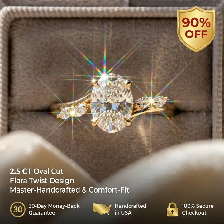 2.5 CT Oval Cut Moissanite Engagement Ring — Flora Twist Band, 14K Gold Finish (Everyday Luxury)