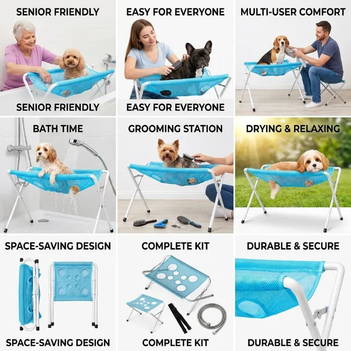 Foldable Pet Grooming & Bathing Stand – Portable Anti-Sway Bath Hammock Station with Harness for Cats & Small Dogs