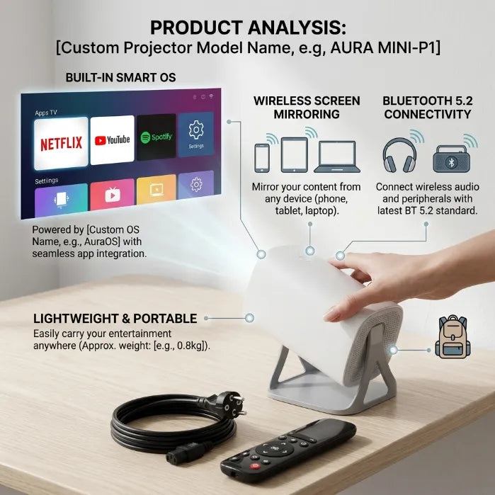 Smart 180° Rotatable HD Projector for Ceiling – WiFi 6 & Bluetooth, Auto Keystone, 4K Support for Home & Bedtime Reading