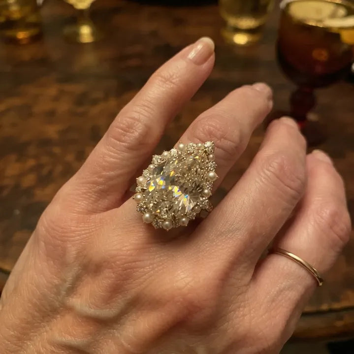 The Royal Champagne Pear-Cut Statement Ring | Double Halo Cocktail Ring