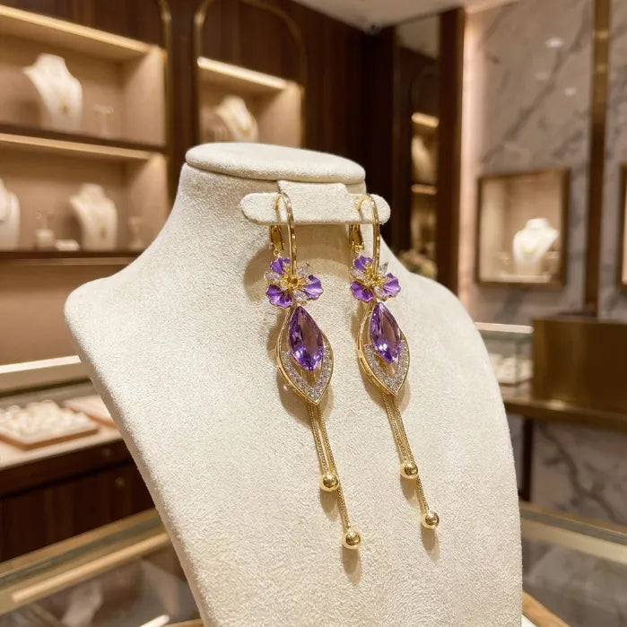 Elegant Purple Moissanite Flower & Tassel Drop Earrings for Women - Lightweight & Hypoallergenic-Last Day Sale-90% OFF🔥