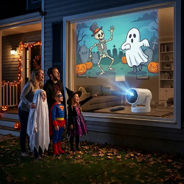 Halloween Edition Smart 1080P Mini Projector | 220° Rotatable Auto-Focus Outdoor & Window Movie Theater for Bedroom, Camping & Parties