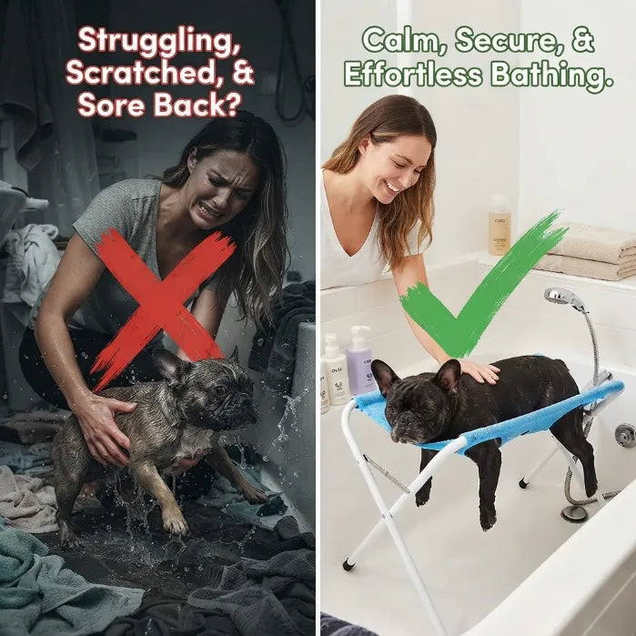 Foldable Pet Grooming & Bathing Stand – Portable Anti-Sway Bath Hammock Station with Harness for Cats & Small Dogs