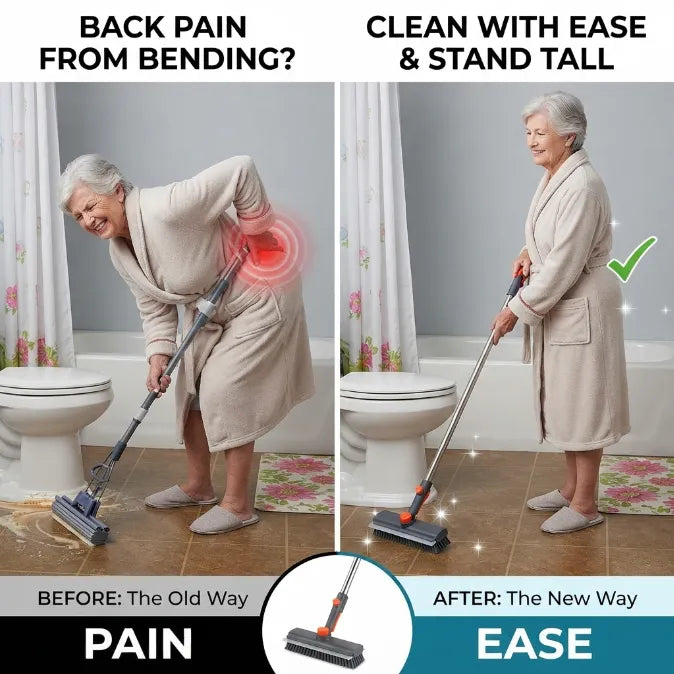 3-in-1 Long Handle Scrub Brush with Squeegee - Ergonomic L-Shaped Floor & Tile Scrubber for Bathroom, Shower, Grout & Baseboards (No Bending Required)