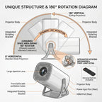 Smart 180° Rotatable HD Projector for Ceiling – WiFi 6 & Bluetooth, Auto Keystone, 4K Support for Home & Bedtime Reading