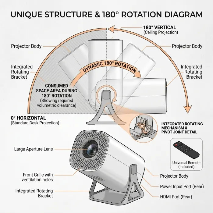 Smart 180° Rotatable HD Projector for Ceiling – WiFi 6 & Bluetooth, Auto Keystone, 4K Support for Home & Bedtime Reading