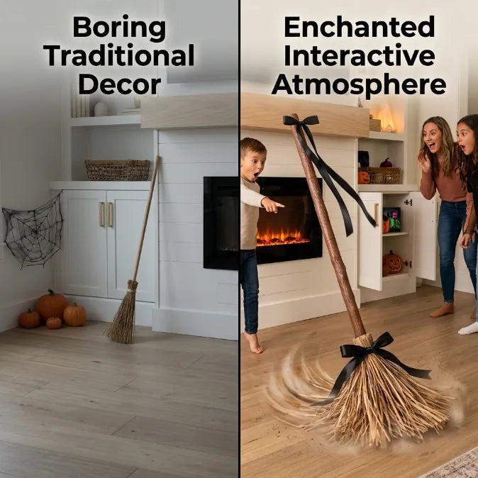 Animated Floating Witch Broomstick – Sound-Activated Dancing Halloween Broom with Smart Obstacle Avoidance