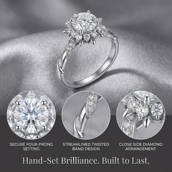 Handcrafted Vine Halo Moissanite Ring – 2.65 Refractive Index Sparkle, Hypoallergenic Comfort Fit