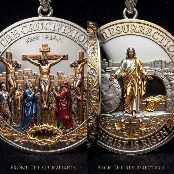 Crucifixion & Resurrection Dual-Sided Faith Pendant – Antique Gold Religious Memorial Necklace with Gift Box