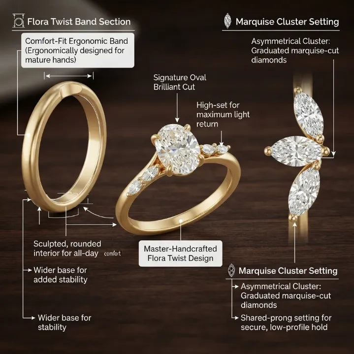 2.5 CT Oval Cut Moissanite Engagement Ring — Flora Twist Band, 14K Gold Finish (Everyday Luxury)