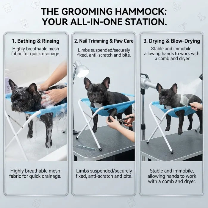Foldable Pet Grooming & Bathing Stand – Portable Anti-Sway Bath Hammock Station with Harness for Cats & Small Dogs