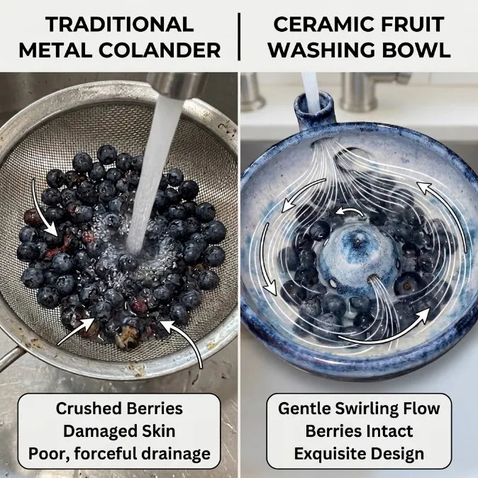 Vortex Self-Rinsing Ceramic Berry Bowl | 2-in-1 Fruit Washer & Serving Strainer