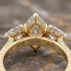 Grand Marquise & Double Heart Statement Ring — Handcrafted Vintage Floral Engraving & V-Claw Protection