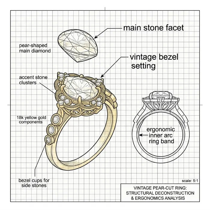 The Royal Vintage Pear Ring – 3ct D-Color Sparkle in 18K Gold Filigree