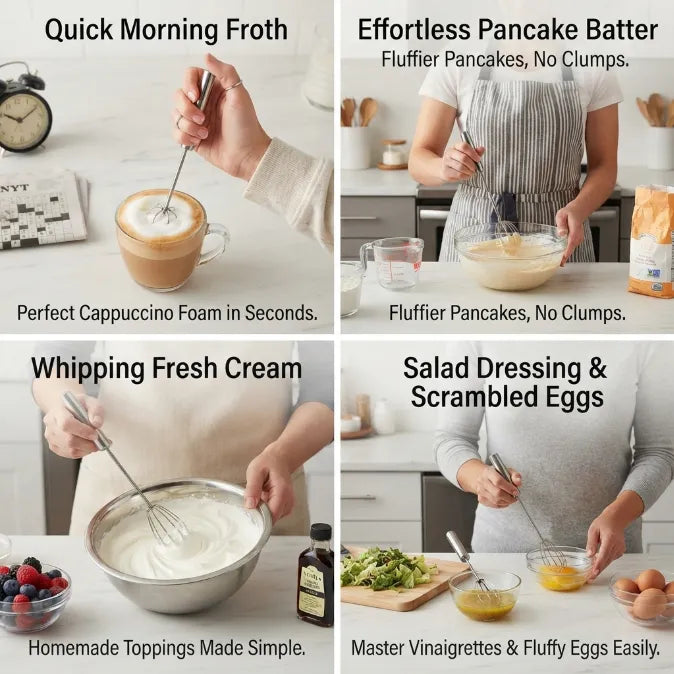 The Effortless Semi-Automatic Whisk™ | 360° Rotating Hand Push Blender & Frother for Baking, Coffee & Eggs
