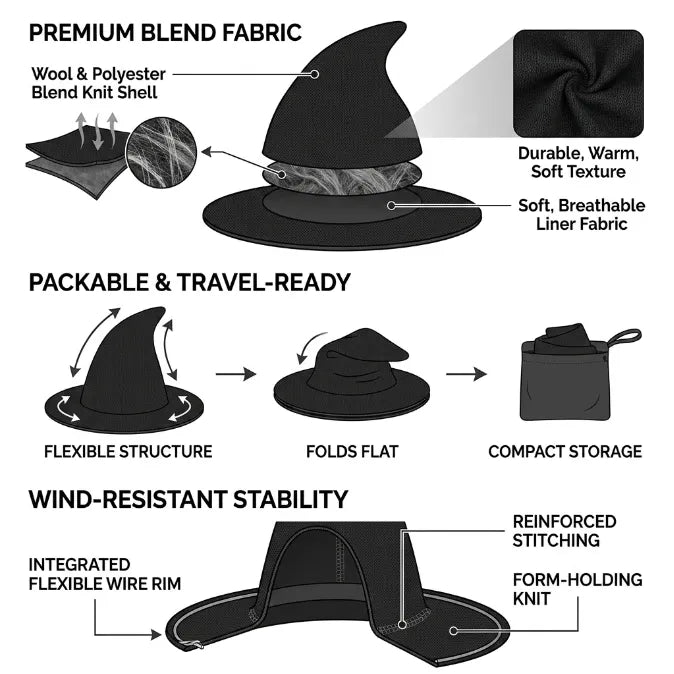 Modern Wide-Brim Witch Hat | Breathable, Shape-Regulating & All-Day Comfortable Costume & Fashion Accessory