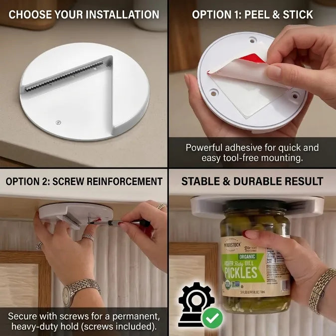 Under-Cabinet Jar Opener - Effortless 1-Second Lid Remover for Weak Hands & Arthritis (Concealed Space-Saving Design)