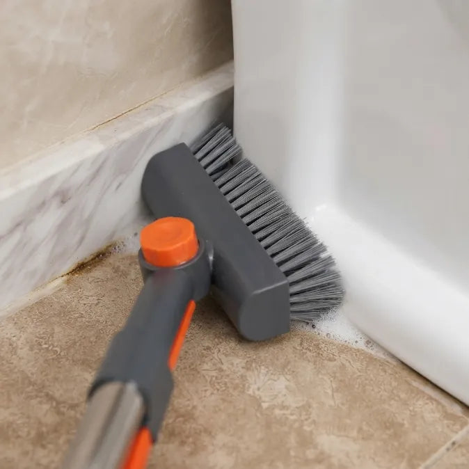 3-in-1 Long Handle Scrub Brush with Squeegee - Ergonomic L-Shaped Floor & Tile Scrubber for Bathroom, Shower, Grout & Baseboards (No Bending Required)