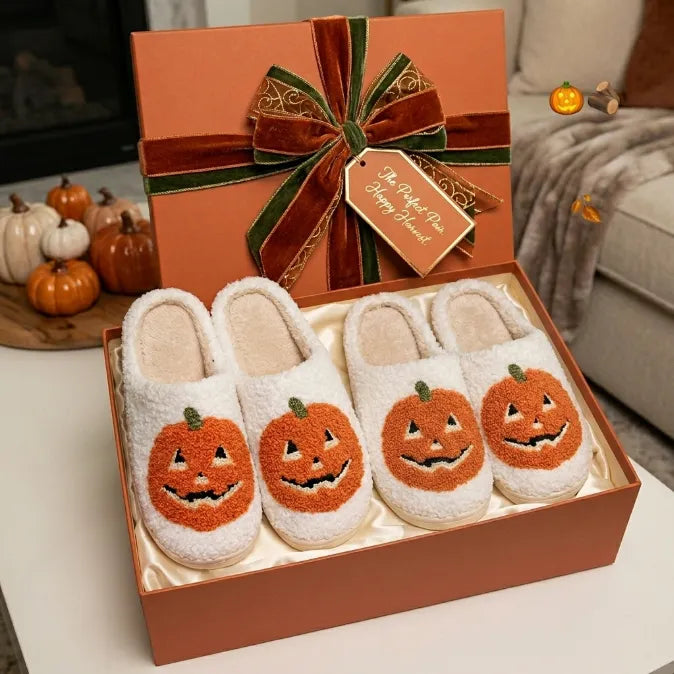 Spooky Cozy Plush Pumpkin House Slippers - Soft Fleece Non-Slip Halloween Footwear