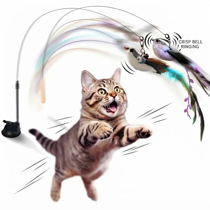Interactive Suction Cup Flying Bird Cat Toy – 10-in-1 Hands-Free Feather Wand for Indoor Cats