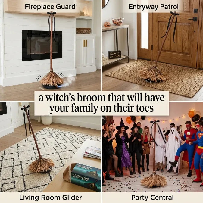 Animated Floating Witch Broomstick – Sound-Activated Dancing Halloween Broom with Smart Obstacle Avoidance