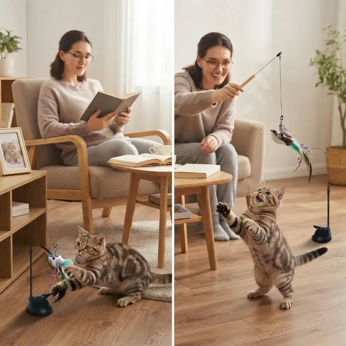 Interactive Suction Cup Flying Bird Cat Toy – 10-in-1 Hands-Free Feather Wand for Indoor Cats