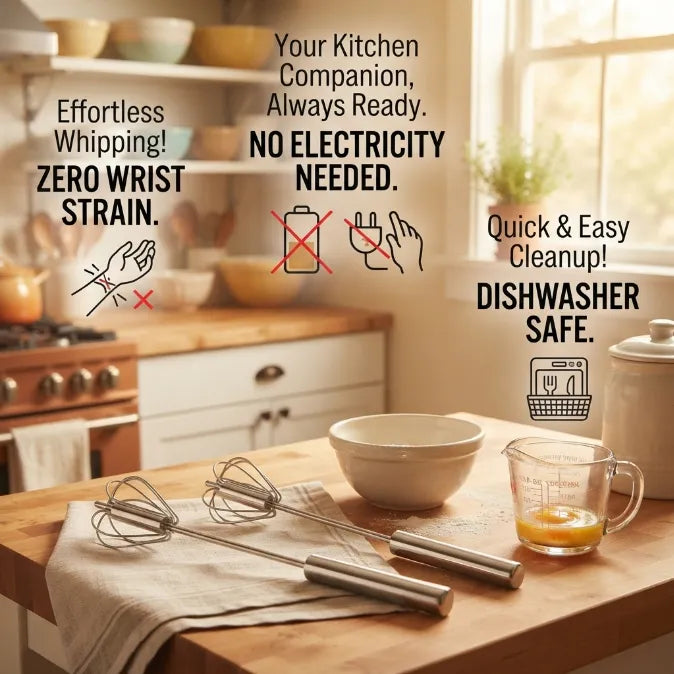 The Effortless Semi-Automatic Whisk™ | 360° Rotating Hand Push Blender & Frother for Baking, Coffee & Eggs