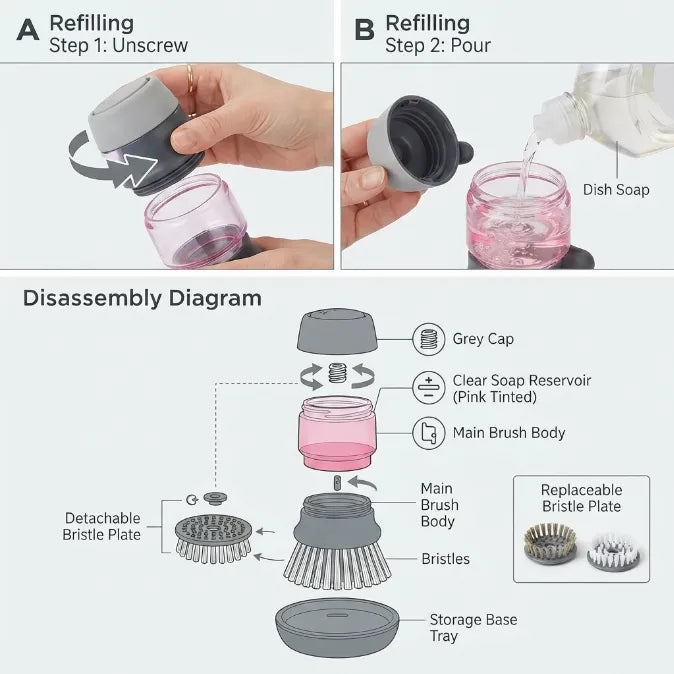 Palm Soap Dispensing Brush with Countertop Storage Caddy