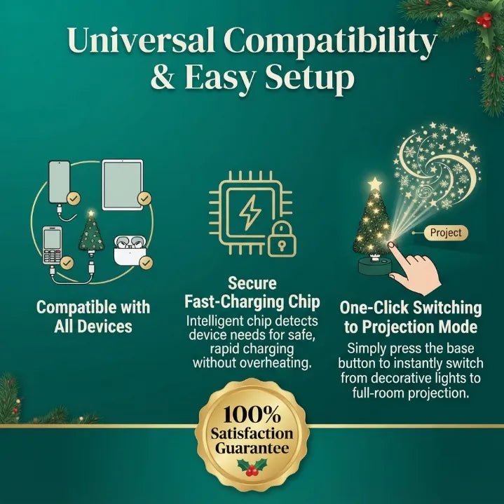 Holiday Magic USB Charging Cable & Starry Ceiling Projector Night Light – Festive Bedroom Ambient Light & Gift Idea