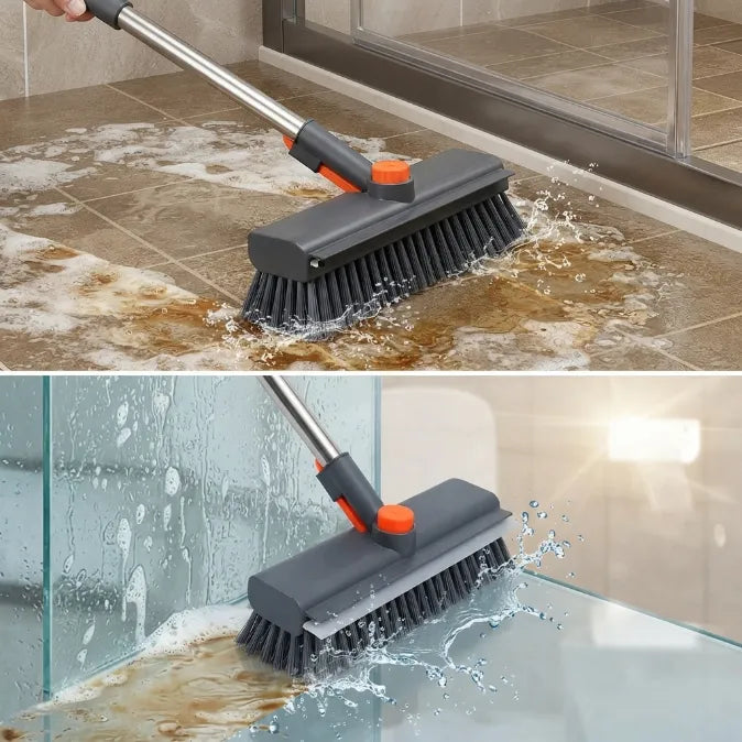 3-in-1 Long Handle Scrub Brush with Squeegee - Ergonomic L-Shaped Floor & Tile Scrubber for Bathroom, Shower, Grout & Baseboards (No Bending Required)