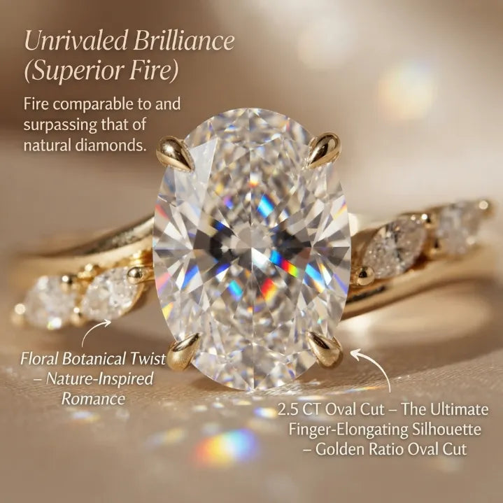 2.5 CT Oval Cut Moissanite Engagement Ring — Flora Twist Band, 14K Gold Finish (Everyday Luxury)