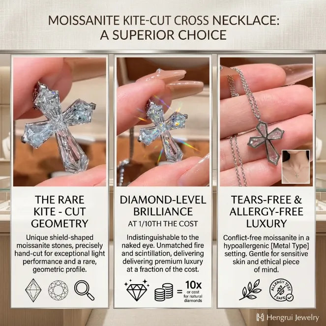 Kite-Cut Moissanite Cross Necklace | VVS1 Diamond Brilliance 925 Sterling Silver