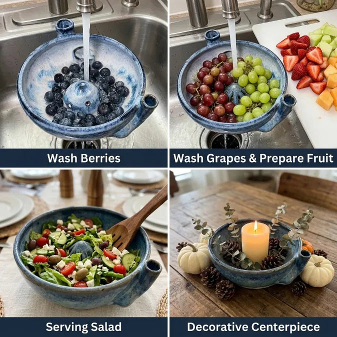 Vortex Self-Rinsing Ceramic Berry Bowl | 2-in-1 Fruit Washer & Serving Strainer