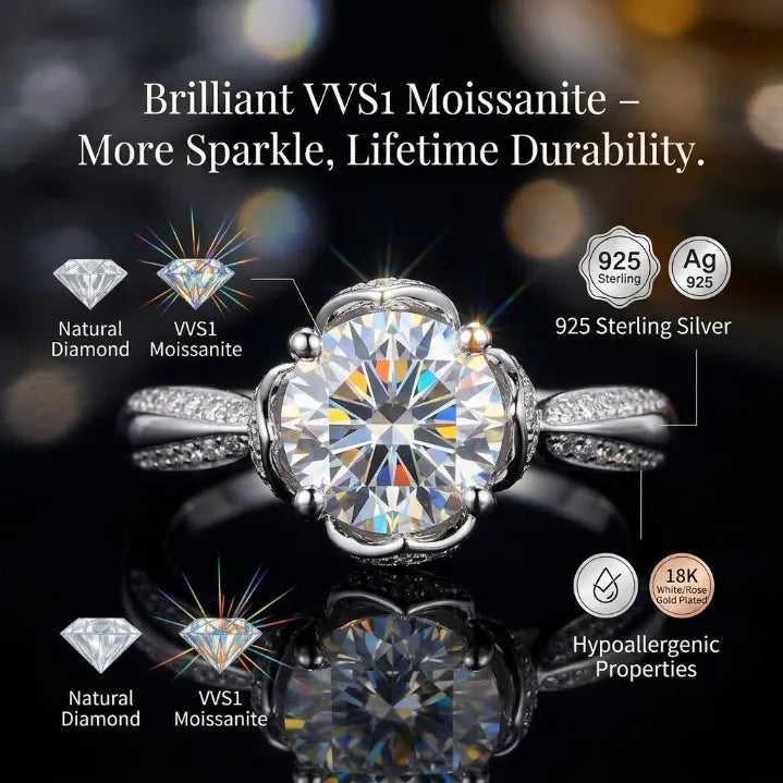 Exquisite Handcrafted Lotus VVS Moissanite Ring in 18K Gold Vermeil
