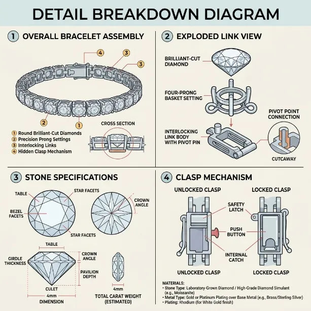 Classic 4mm D-Color Moissanite Tennis Bracelet – 14K Gold Plated with Double Safety Clasp