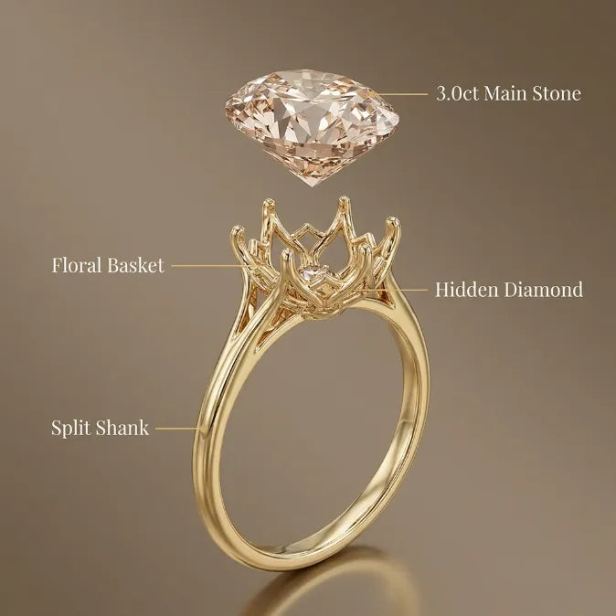 3.0ct Vintage Champagne Oval Ring with Floral Basket & Hidden Diamond