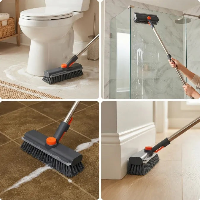 3-in-1 Long Handle Scrub Brush with Squeegee - Ergonomic L-Shaped Floor & Tile Scrubber for Bathroom, Shower, Grout & Baseboards (No Bending Required)