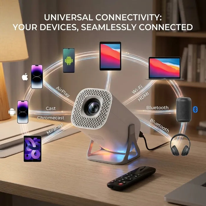 Smart 180° Rotatable HD Projector for Ceiling – WiFi 6 & Bluetooth, Auto Keystone, 4K Support for Home & Bedtime Reading