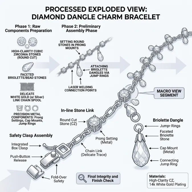 Organic Scattered Cluster Tennis Bracelet – 14K White Gold Plated Silver Vine Bracelet for Women
