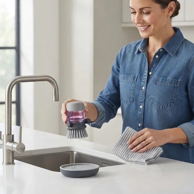 Palm Soap Dispensing Brush with Countertop Storage Caddy