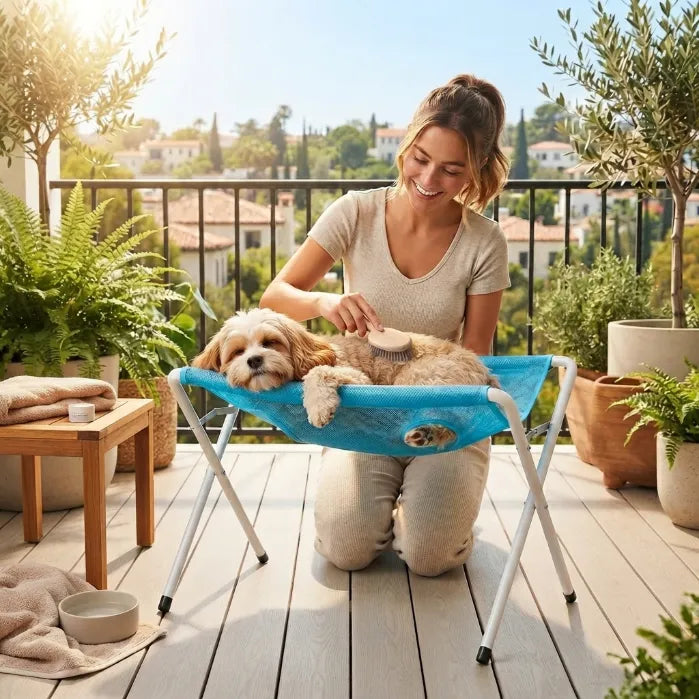 Foldable Pet Grooming & Bathing Stand – Portable Anti-Sway Bath Hammock Station with Harness for Cats & Small Dogs